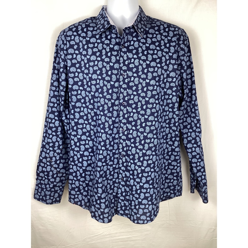 Quieti Button Down Shirt Mens XL Navy Blue Paisley 100% Fine Cotton Long Sleeve